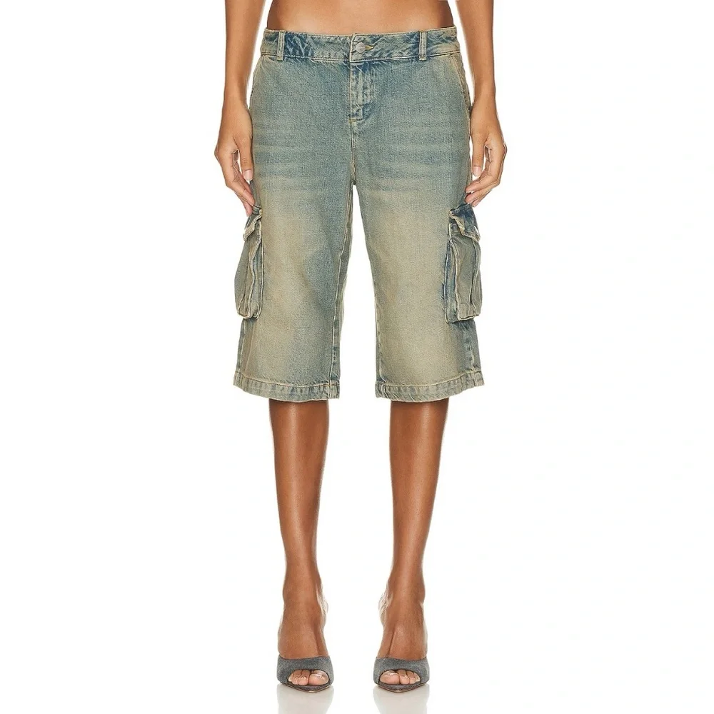 Miaou Dune Denim Cargo Shorts (Sz L) Low Rise Ochre Brown - Picture 4 of 16